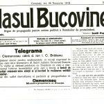 „Glasul Bucovinei” din 28 noiembrie 1918, în care este publicată telegrama lui George Clemenceau adresată lui I.I. C. Brătianu prin care felicită statul român pentru întregirea sa
