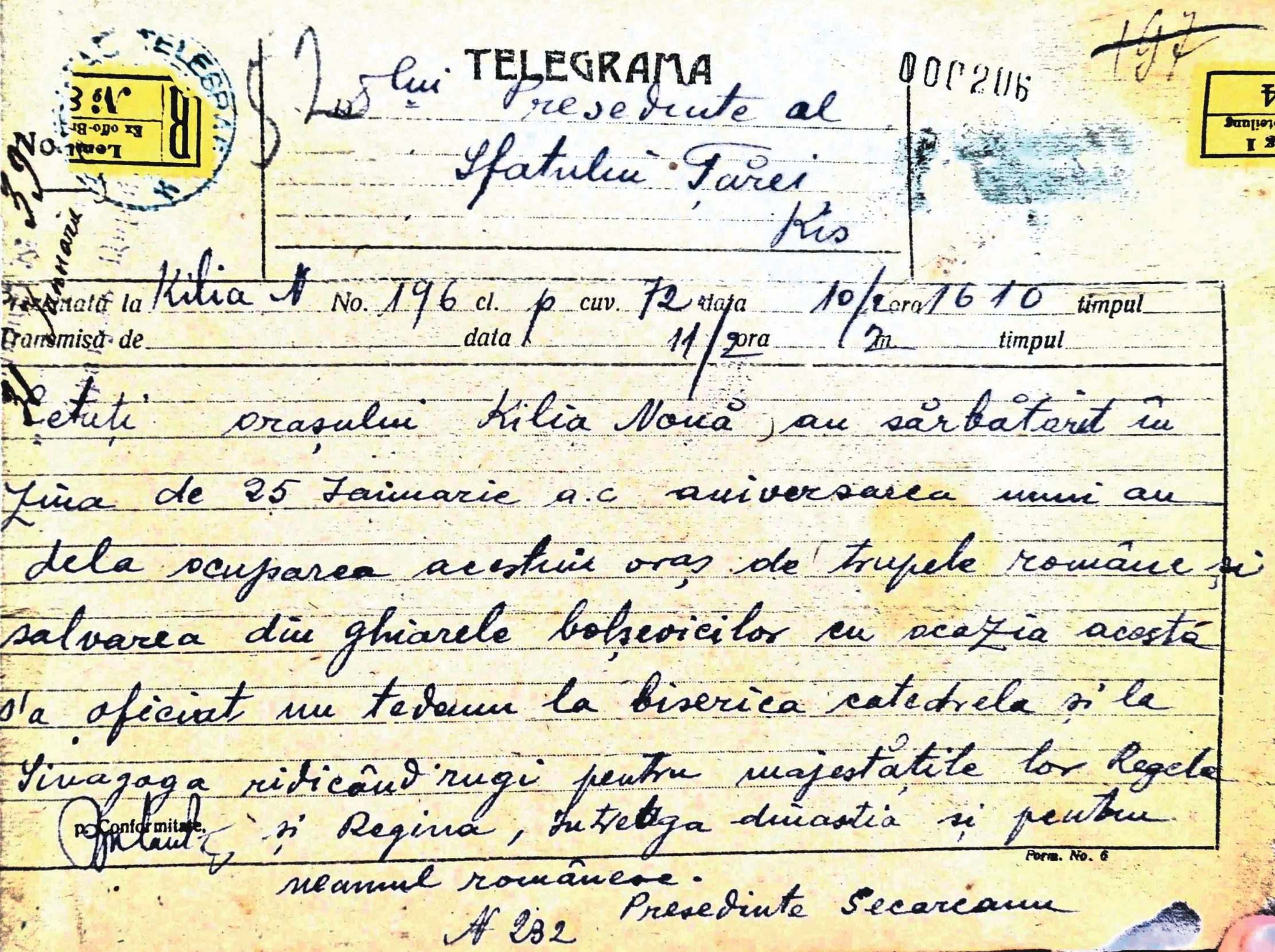 A telegram sent to the President of the Councils of the Country, in which it is reported about the celebration a year after the liberation of the city of Chilia Noua by the Romanian army "and the salvation from the claws of the Bolsheviks" (ANRM)