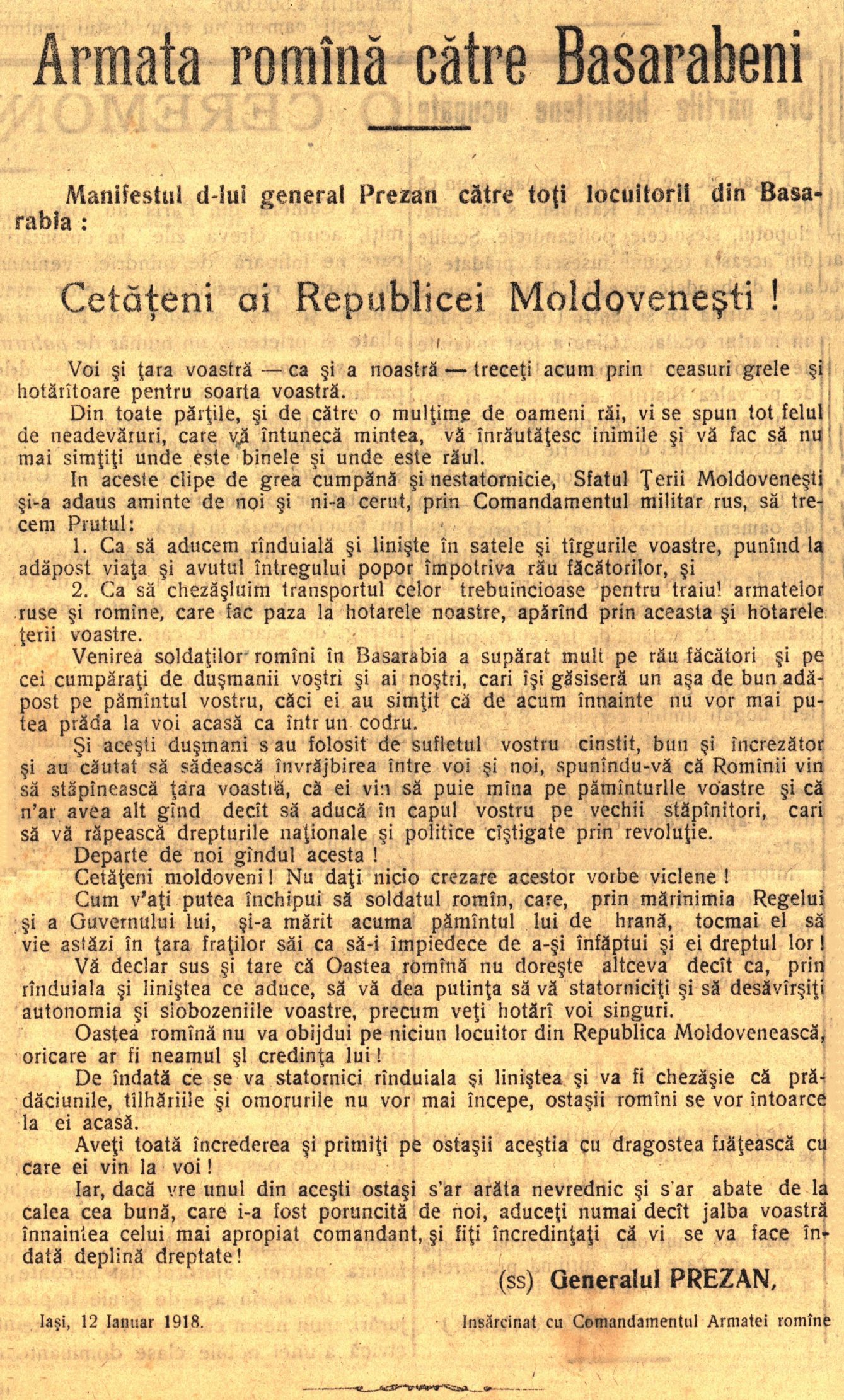 The manifestation of General Prezan to the inhabitants of Bessarabia. January 12, 1918 (ANR)
