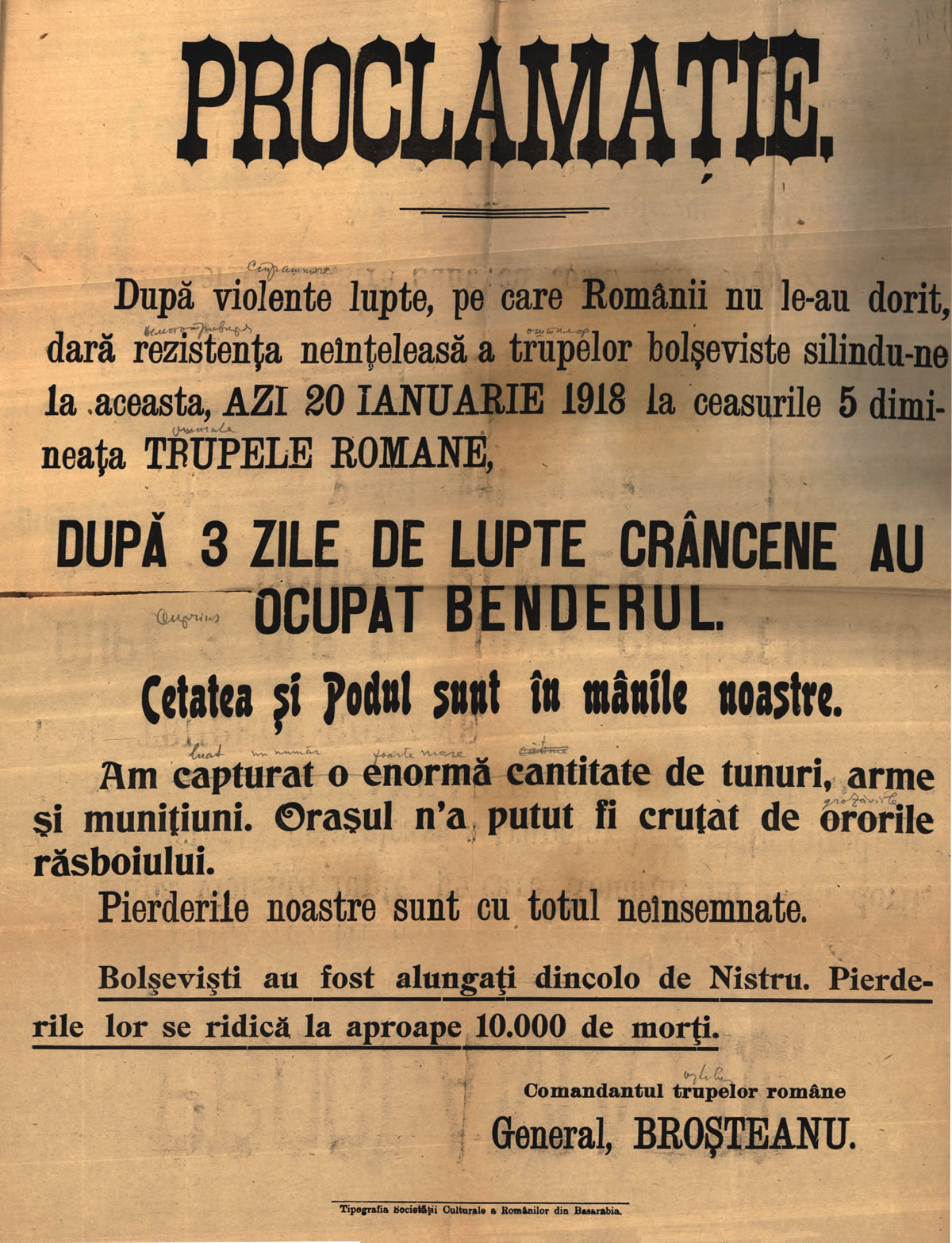 General Broşteanu's proclamation of January 20, 1918 (ANR)