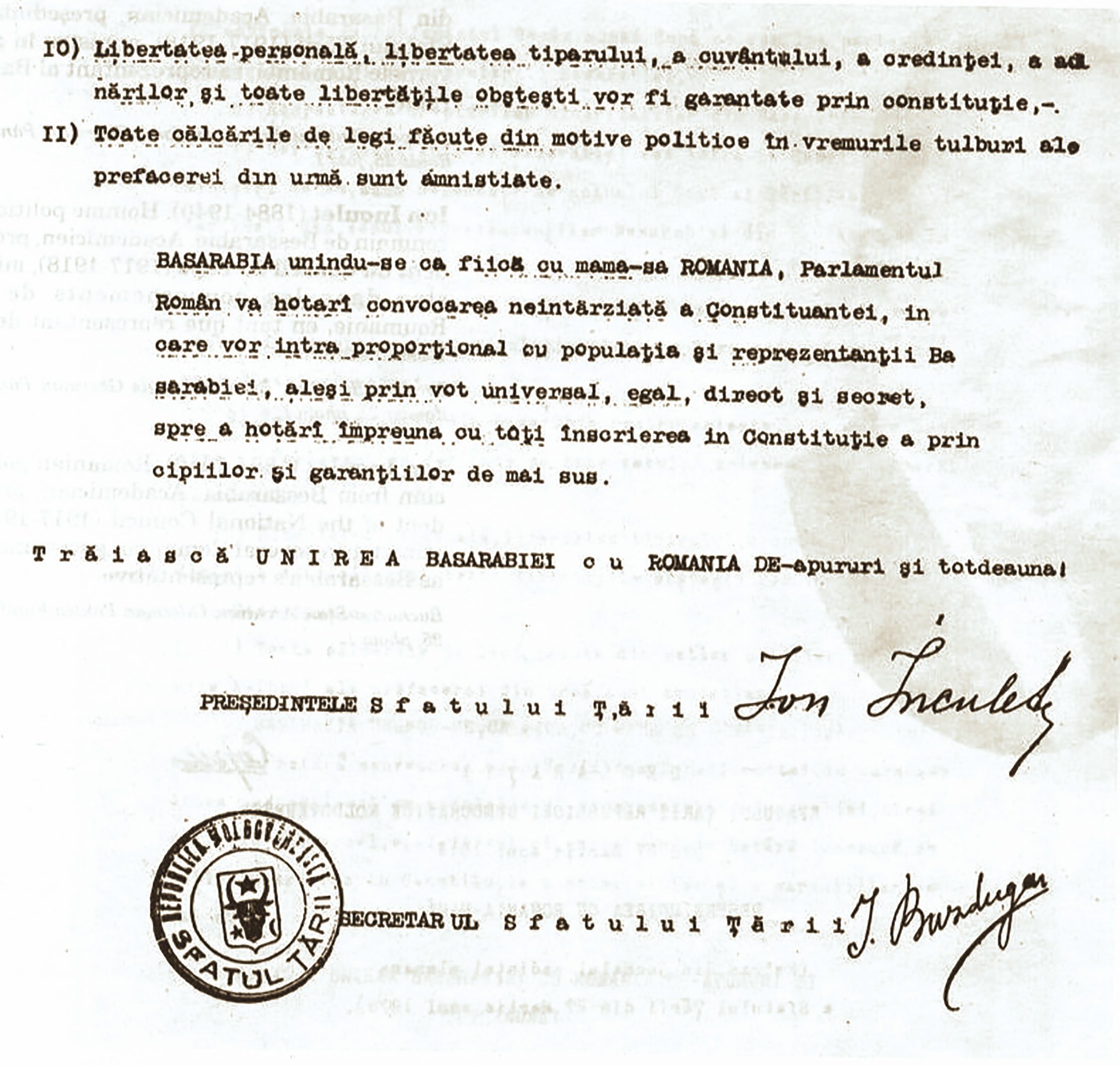 The resolution of the Moldovan Bloc proposed to the Council of the Land and read by Ion Buzdugan at the meeting of March 27, 1918 (ANR)