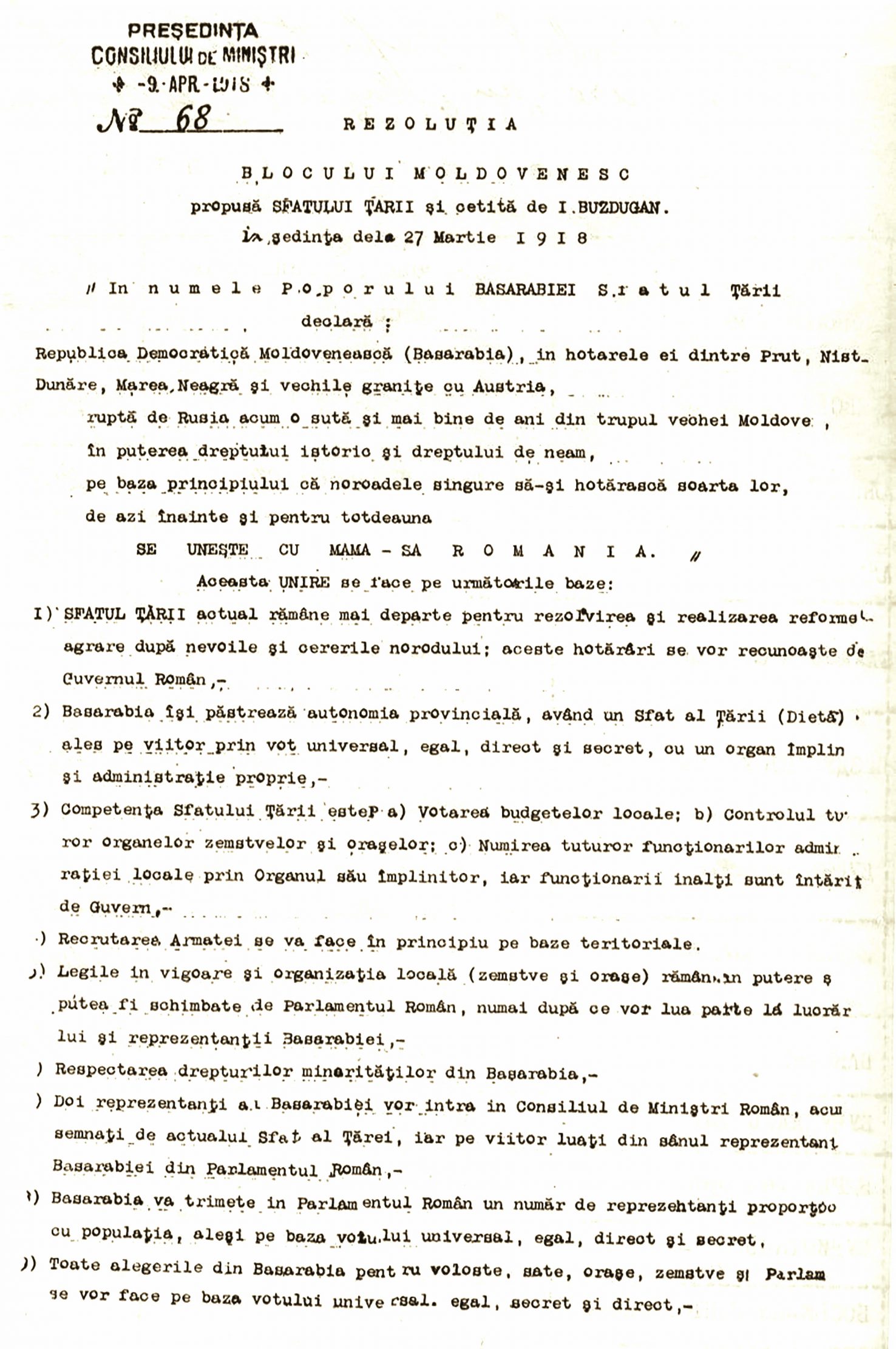 The resolution of the Moldovan Bloc proposed to the Council of the Land and read by Ion Buzdugan at the meeting of March 27, 1918 (ANR)