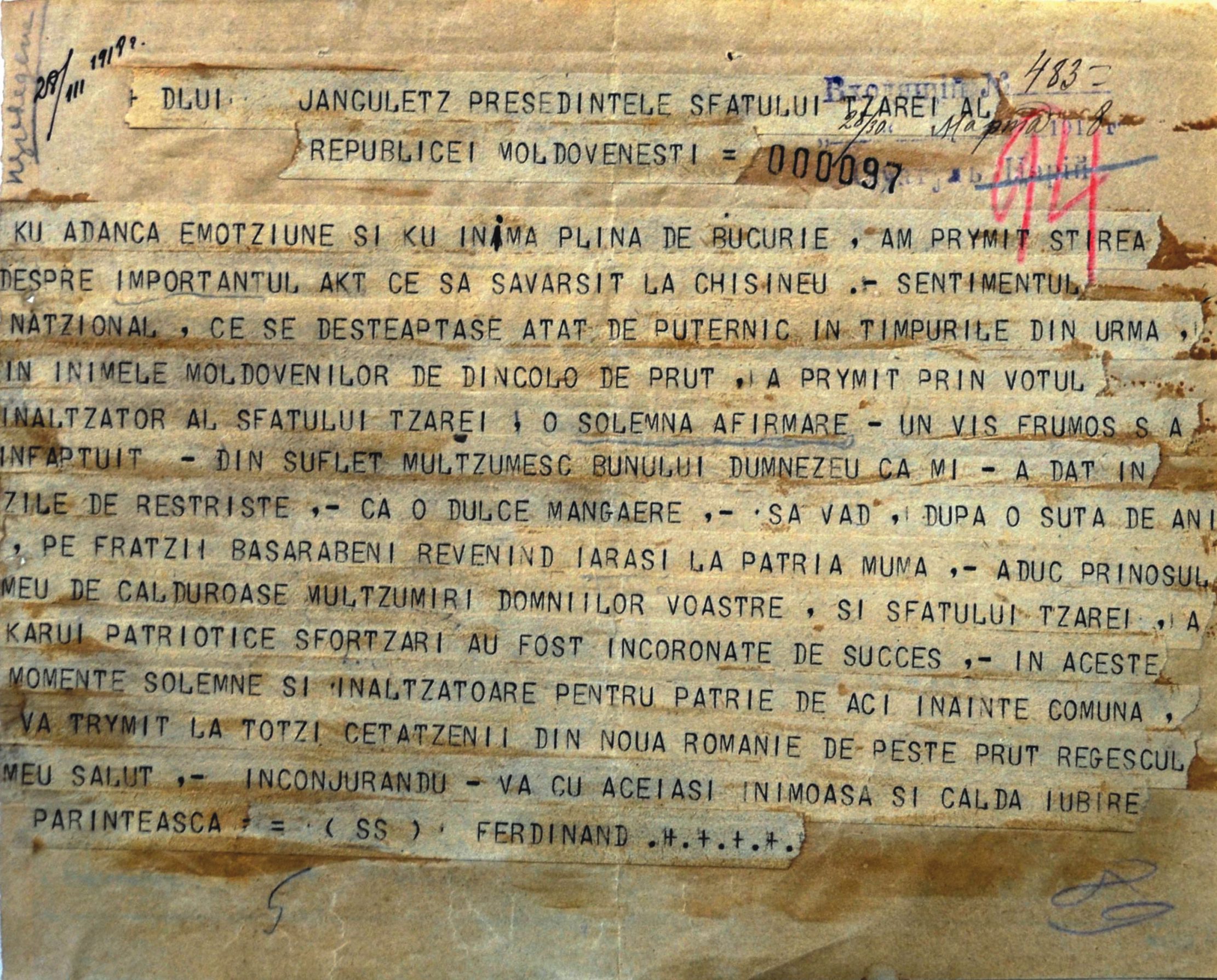 Telegram addressed to Ion Inculet by King Ferdinand on the occasion of voting of the Union of Bessarabia with Romania by the Country Councilor (ANRM)