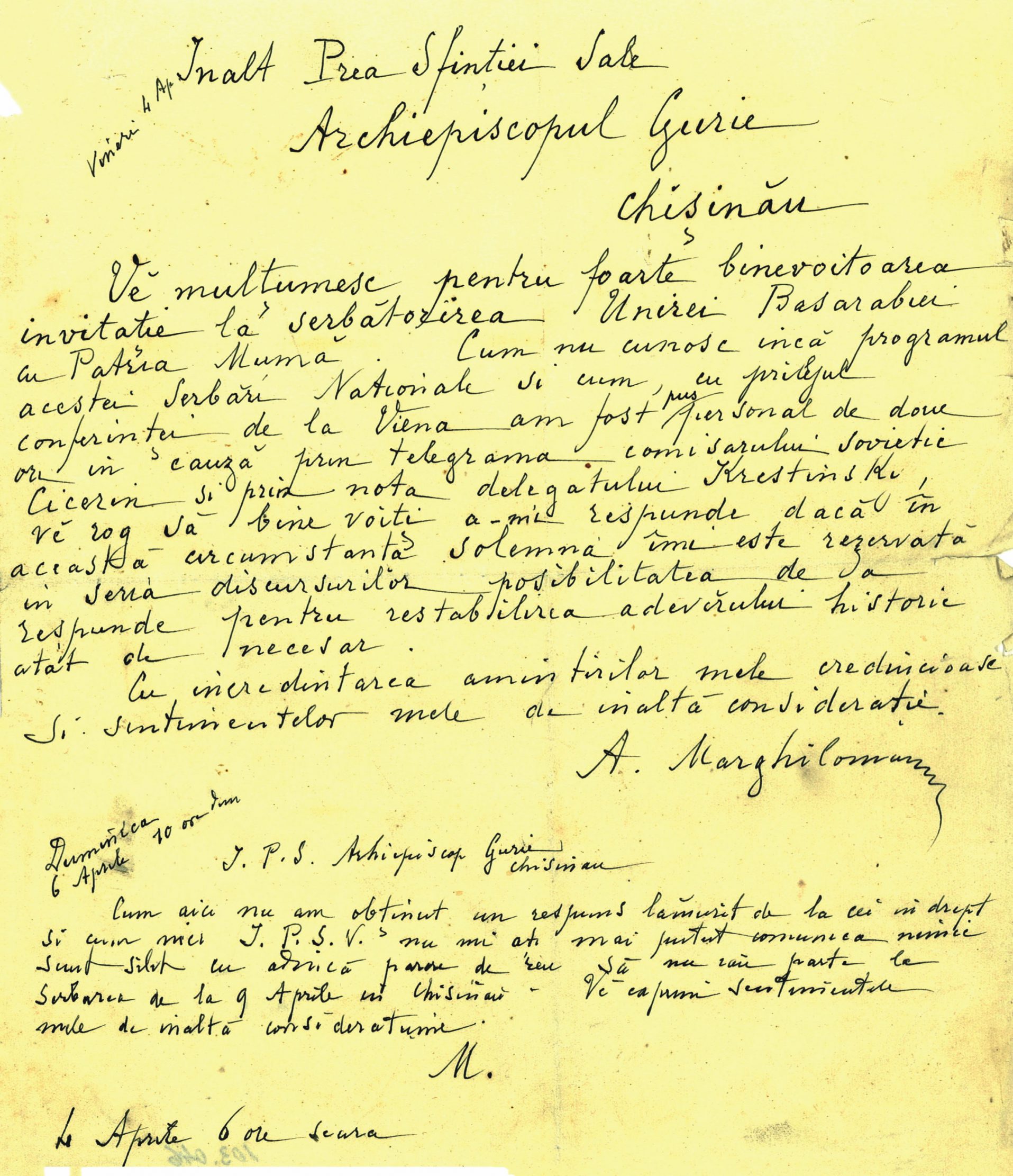 Letter of Alexandru Marghiloman, President of the Council of Ministers, to Bishop Gurie Grosu. April 4, 1918 (MNIR)