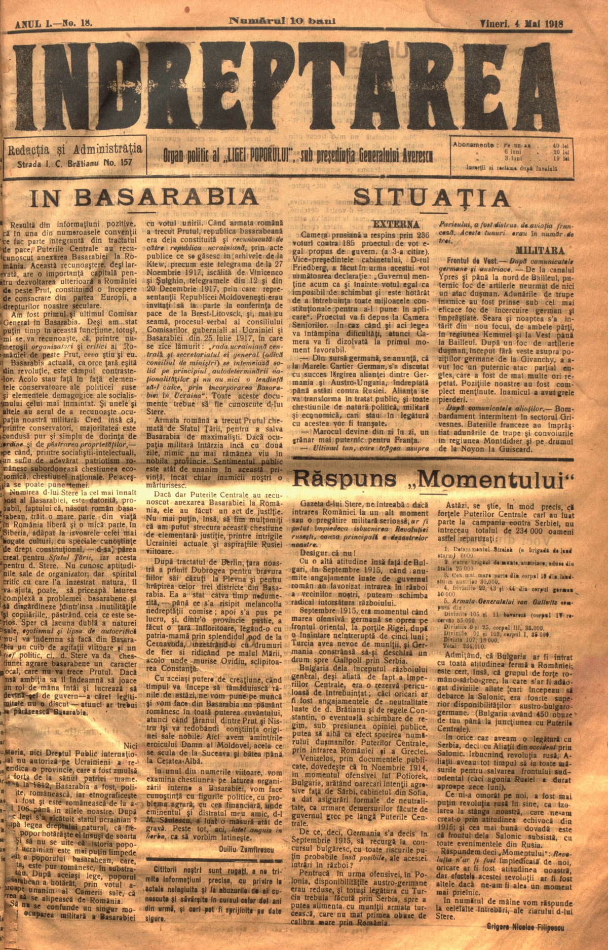 The newspapers "Vestea", "Tighina" and "Targeting" with articles on the situation in Bessarabia after the proclamation of union, (MNIR)