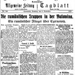 Anunțul intrării trupelor romane in Bucovina făcut de ziarul Allgemeine Zeitung, 9 noiembrie 1918