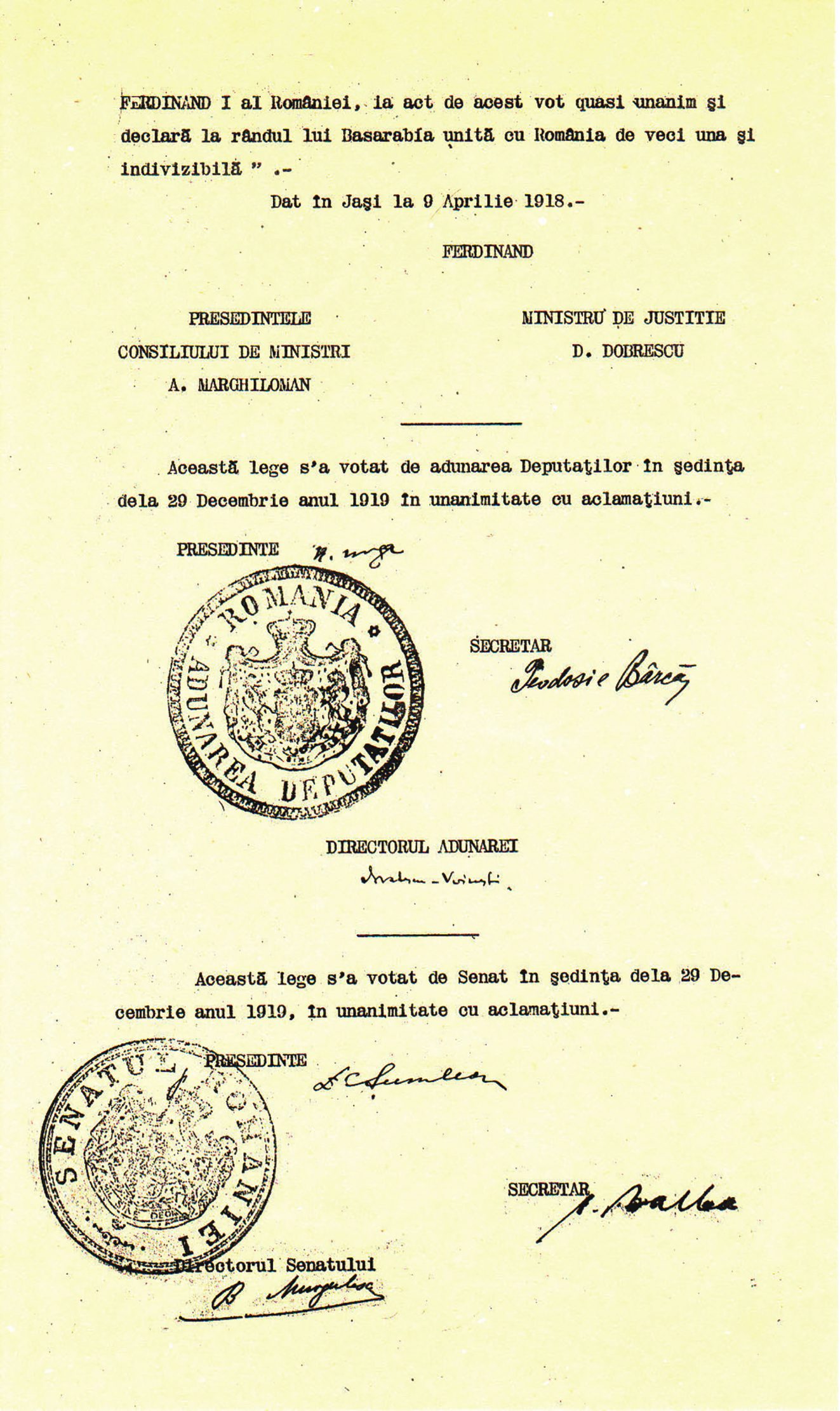  Law on the ratification of the Decree Law no. 842 of 9 April 1918 on the unification of Bessarabia with Romania. December 20, 1919 (ANR)