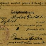 Legitimație a lui David Nicolae Mihail cu nr. 1 „Garda Națională Română pentru Alba Iulia și jur” emisă la 8 noiembrie 1918, semnată de către Dominic Costea, președintele Comitetului Național Român din Ighiel